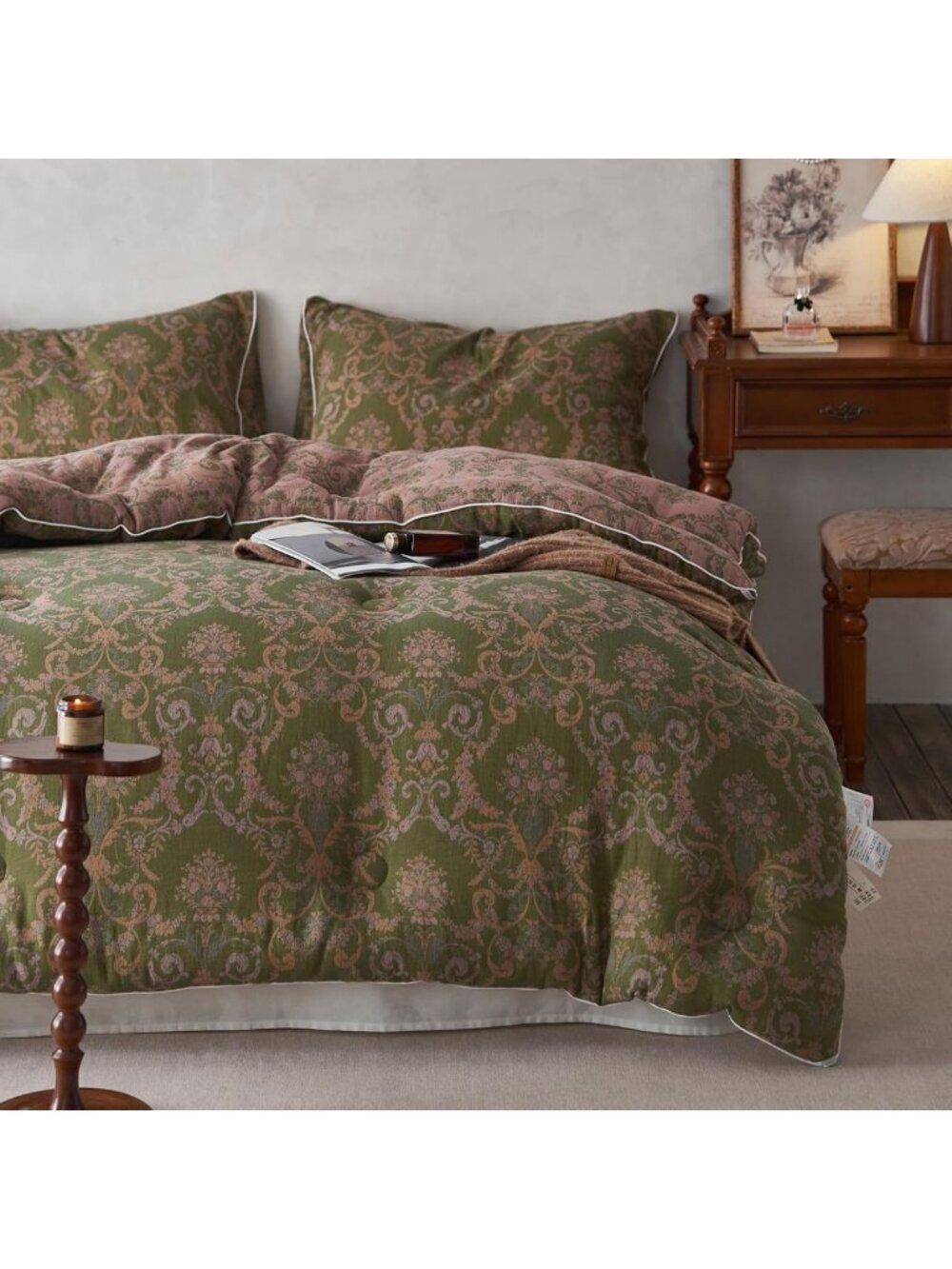 Vintage Olive Green Floral King Comforter Set - 3pcs Soft Breathable Bedding